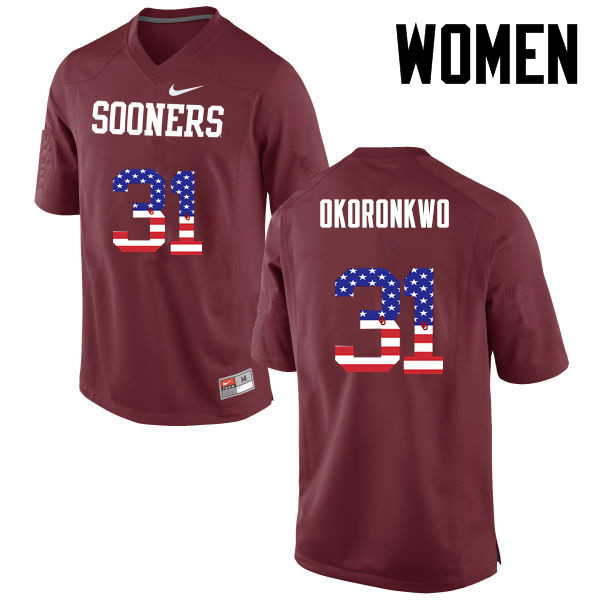 Women Oklahoma Sooners #31 Ogbonnia Okoronkwo College Football USA Flag Fashion Jerseys-Crimson